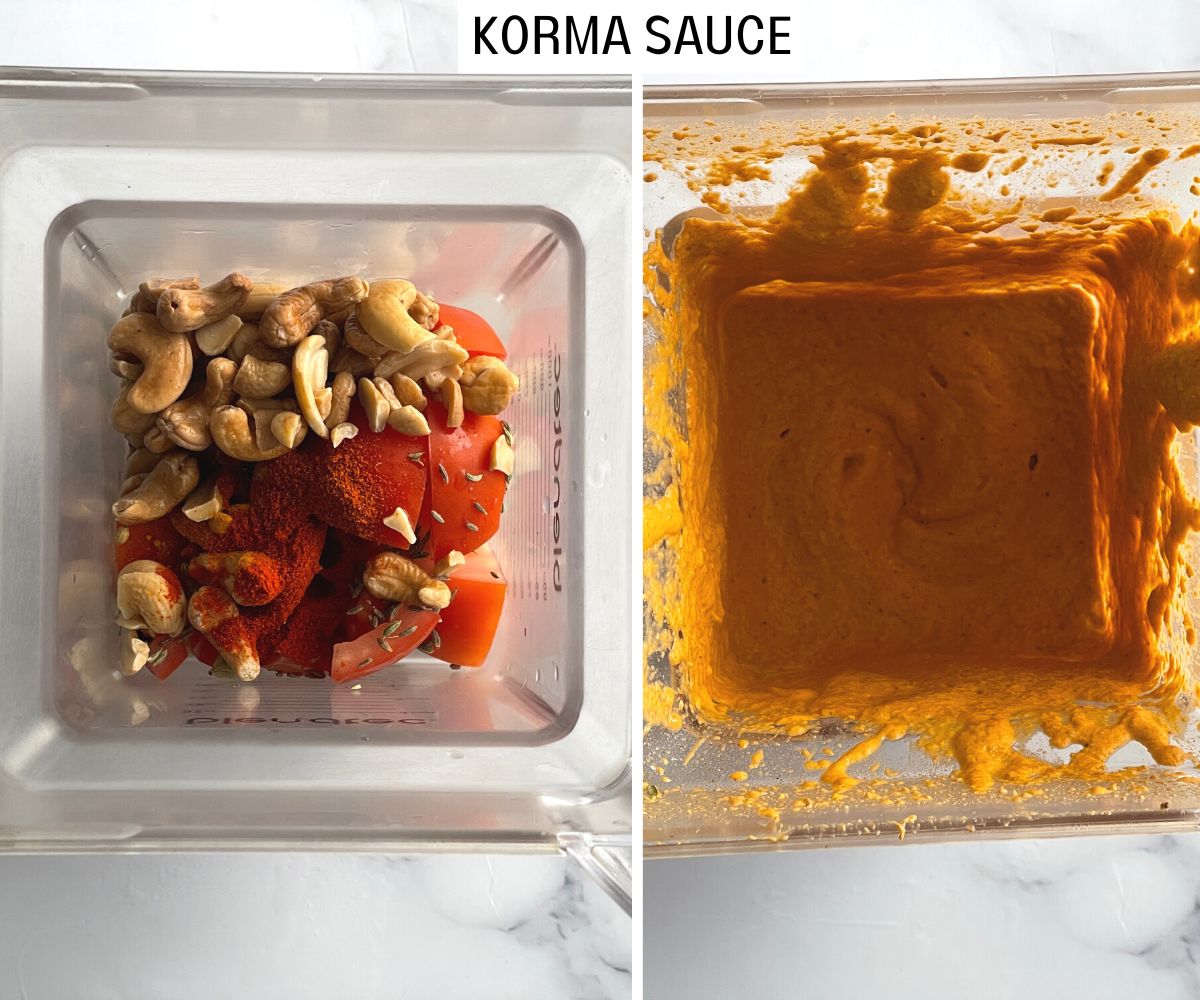 A blender is with tomatoes, cashews and spices for kurma sauce.