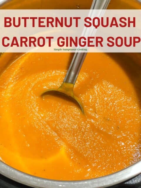 A pot is with butternut squash carrot ginger soup.