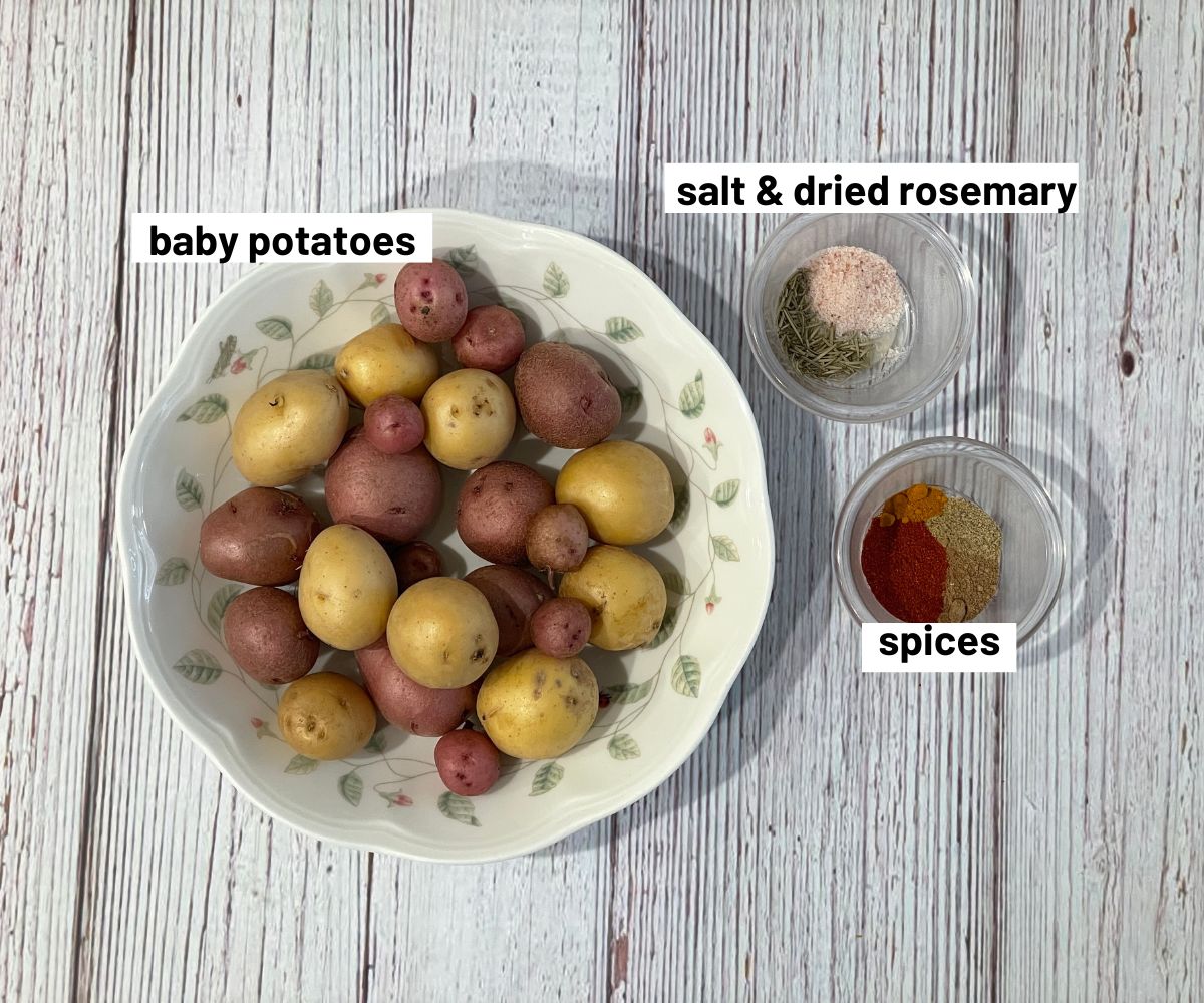 Air fryer mini potatoes ingredients are on the table.