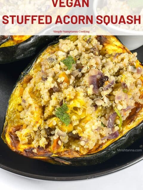 A plate of vegan stuffed acorn squash is on the table.