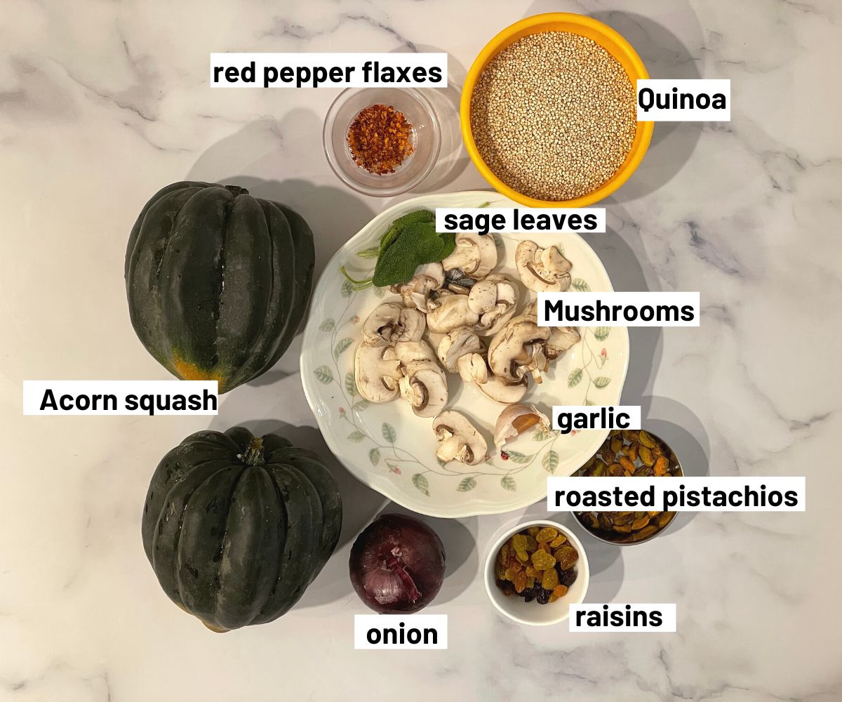 vegan stuffed acorn squash ingredients are on the table.