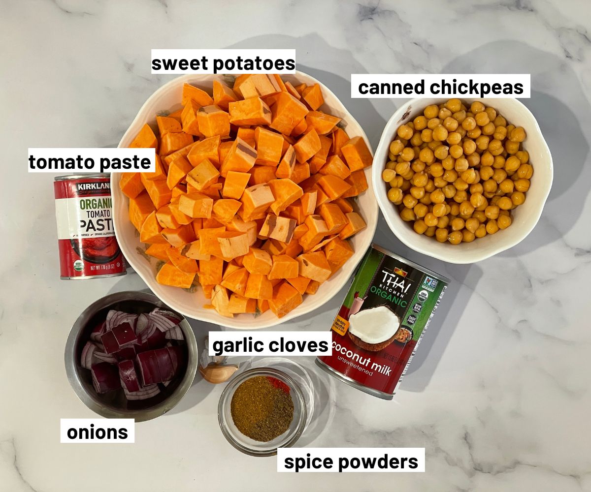 Sweet potato curry ingredients are on the table.