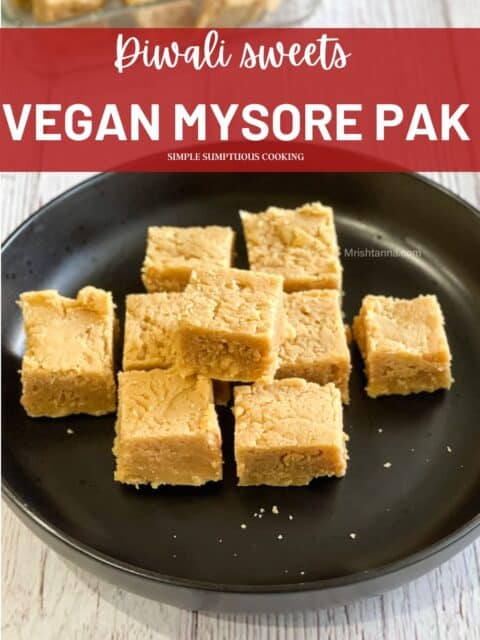A plate is filled with vegan Mysore pak sweets.