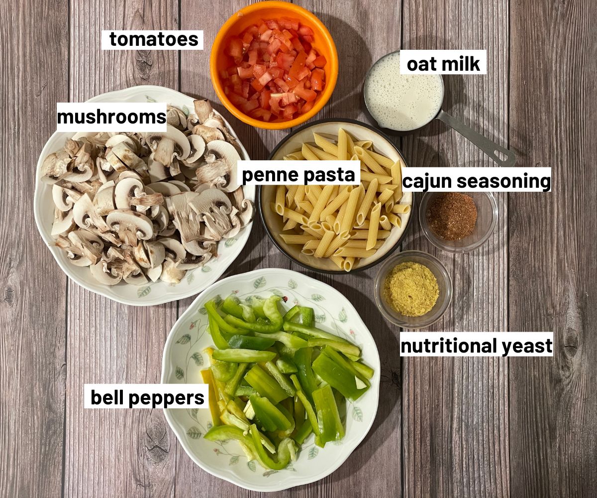Instant pot cajun pasta ingredients are on the table.