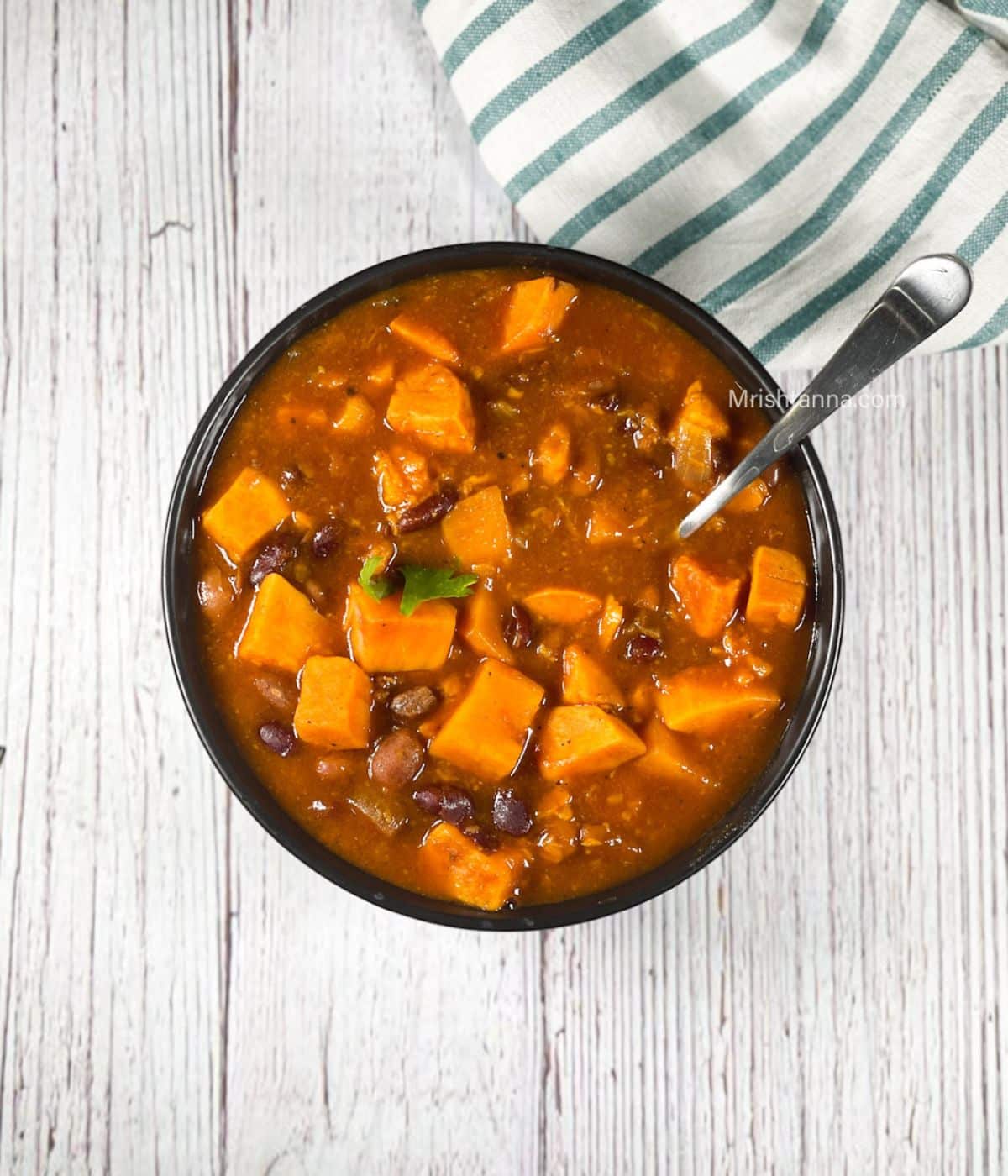 Headshot of bowl with vegan sweet potato chili.