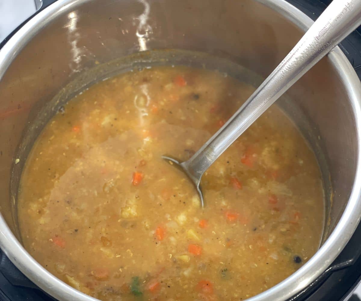 An instant pot is filled with vegan mulligatawny soup.