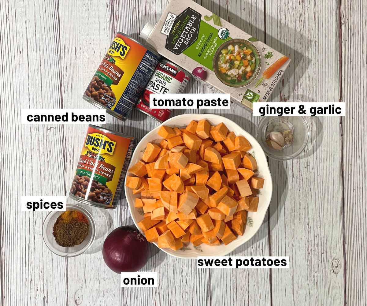 Sweet potato chili ingredients are on the table.