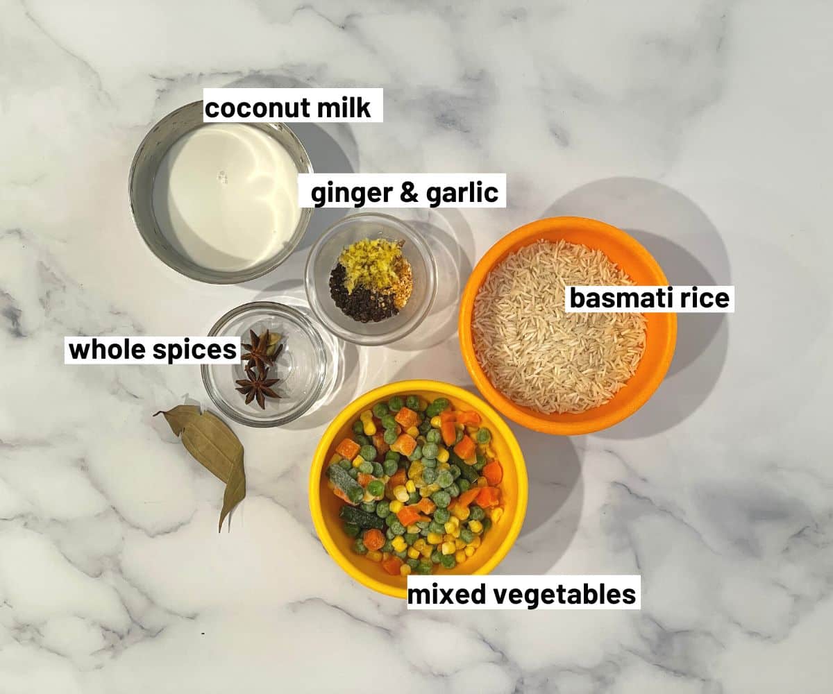 Instant pot vegetable pulao ingredients.