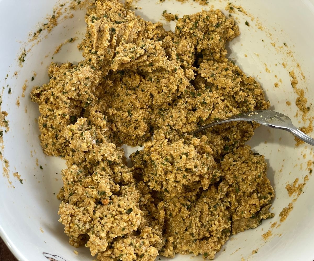 A bow is with wet falafel mixture.