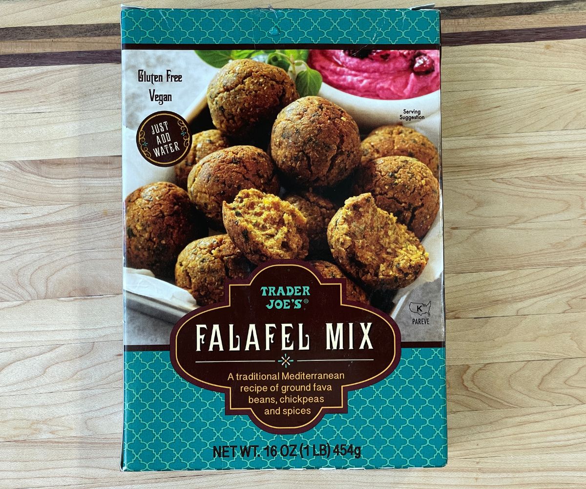 A box of Trader Joe's Falafel mix is on the table.