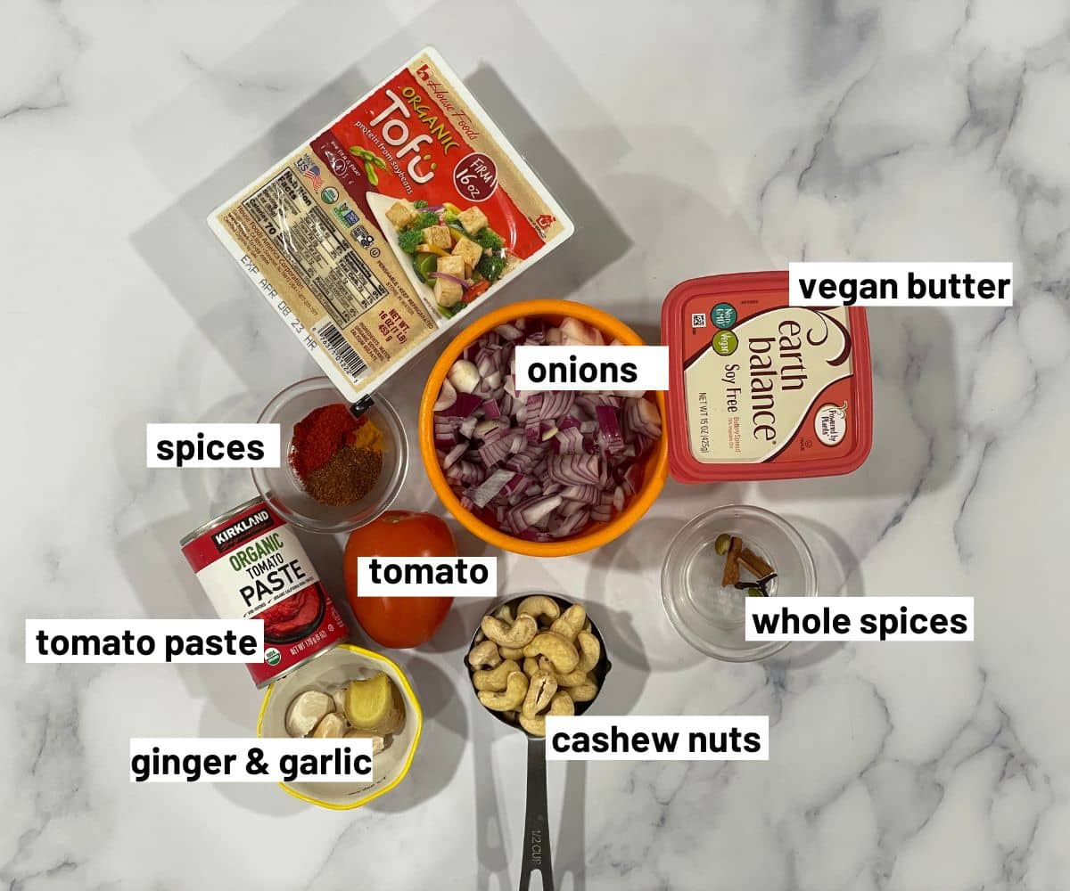 Tofu makhani curry ingredients are on the table.