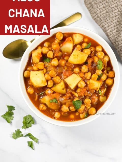 Head shot of bowl with aloo chana masala.