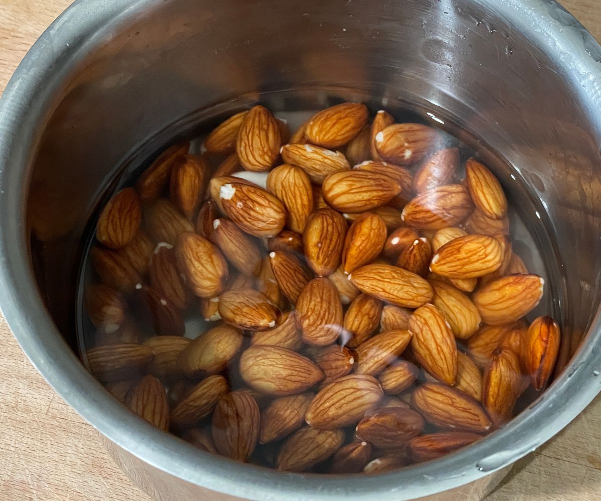 A pot is with water and almonds to soak.