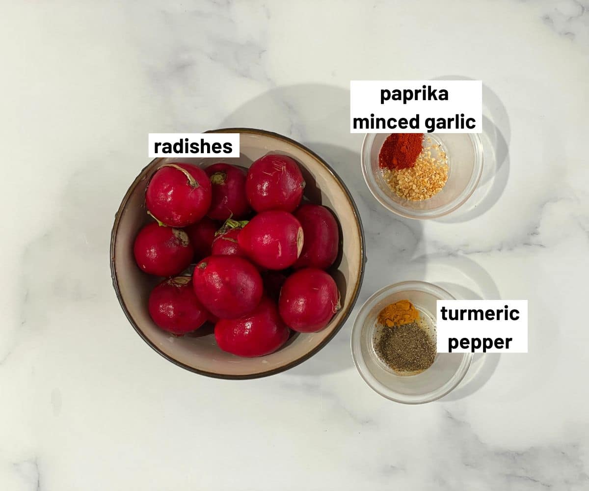 A table is with roasted radishes ingredients.