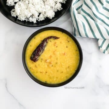 Head shot of bowl with Bengali moong dal.