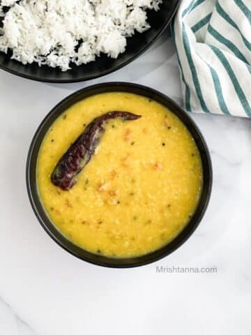 Head shot of bowl with Bengali moong dal.