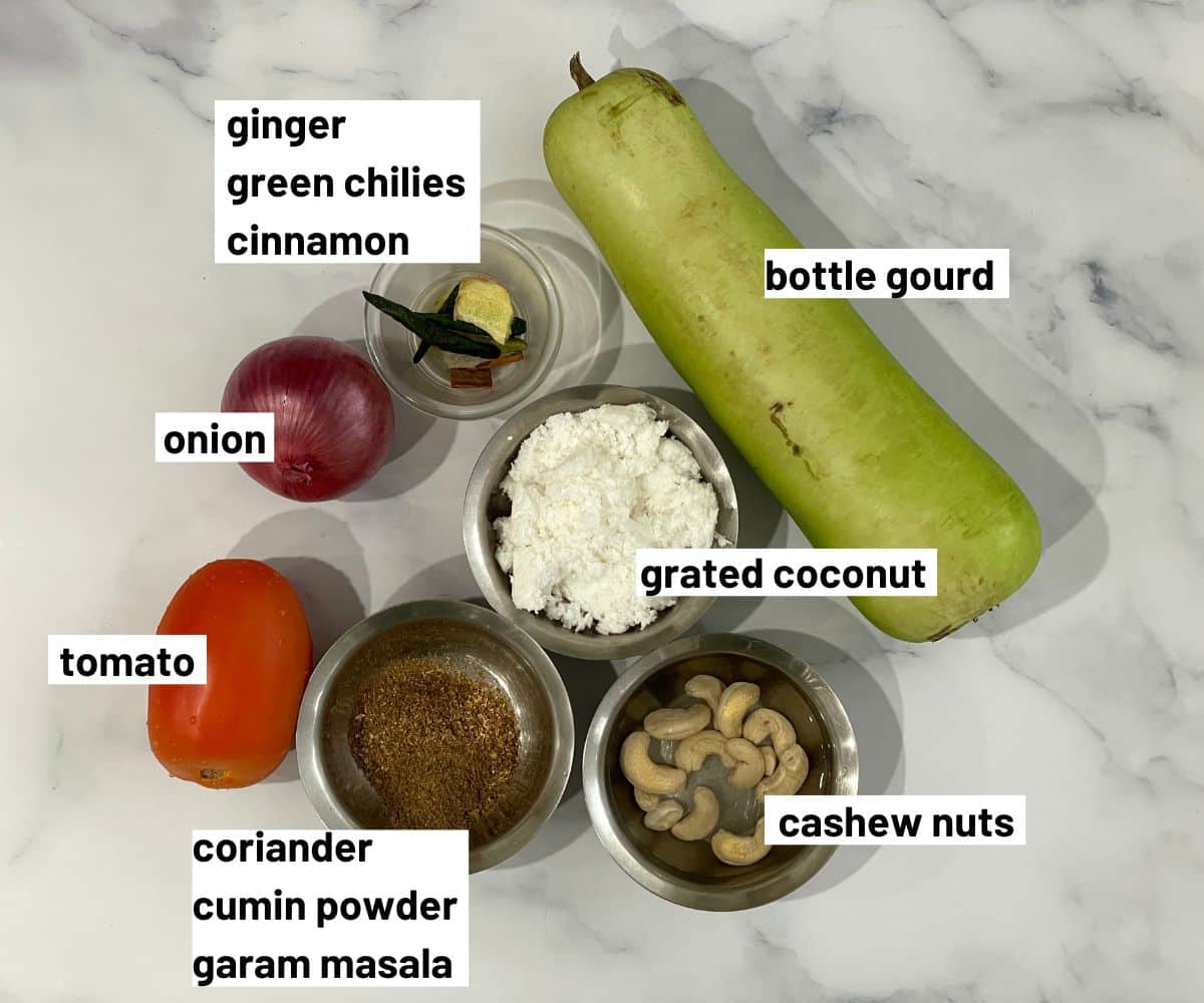 A table is with sorakkai kurma ingredients.