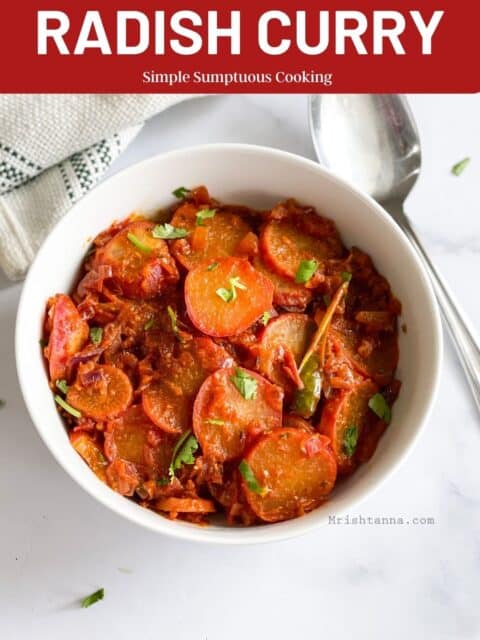 Indian radish curry is placed in the bowl.