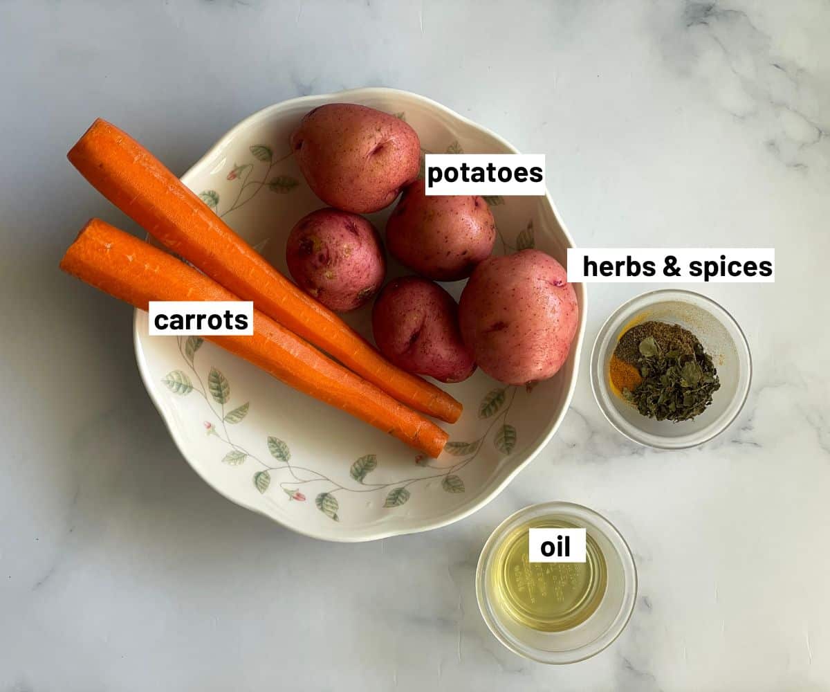 Ingredients for roasted carrots and potatoes.