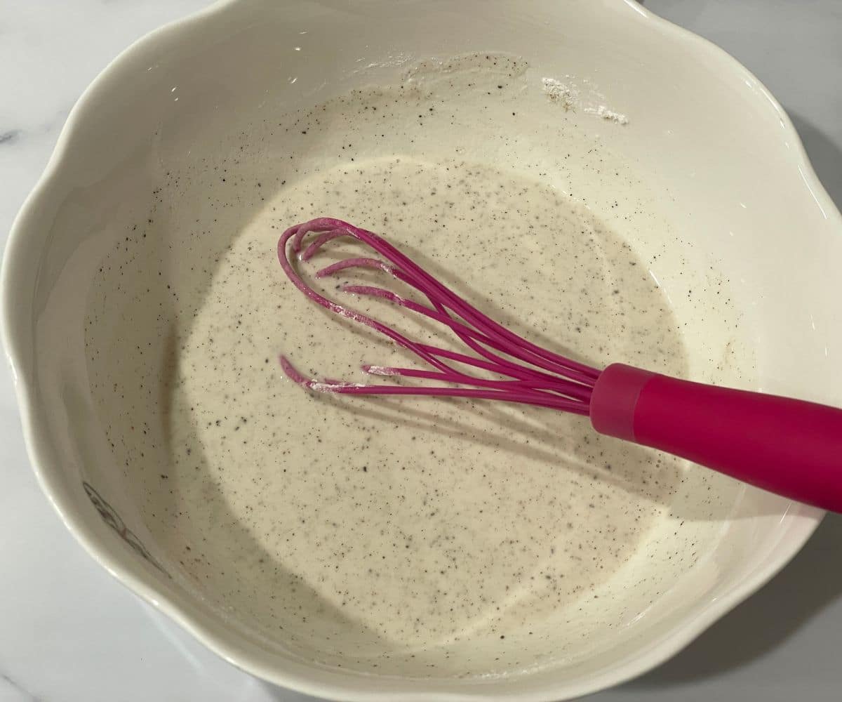 A bowl is with rice flour and cornstarch mixture.