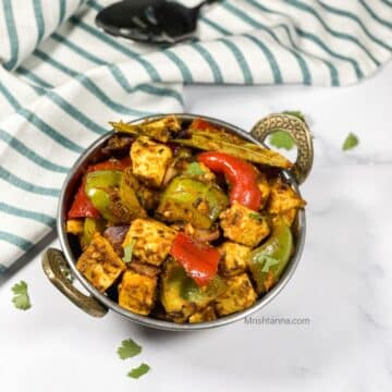 A pot is with Indian tofu kadai stir fry.