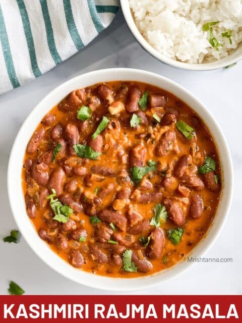 Kashmiri rajma is in the bowl along with bowl of rice.