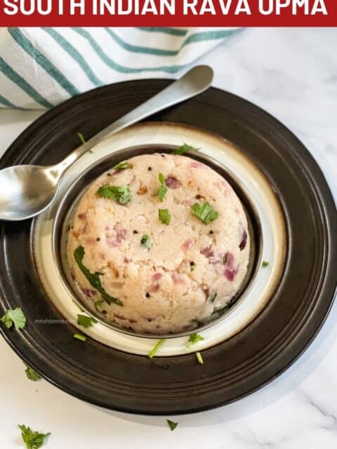 A bowl of vegan rava upma is on the plate.