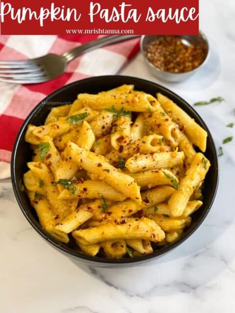 Vegan Pumpkin pasta sauce is in the bowl.