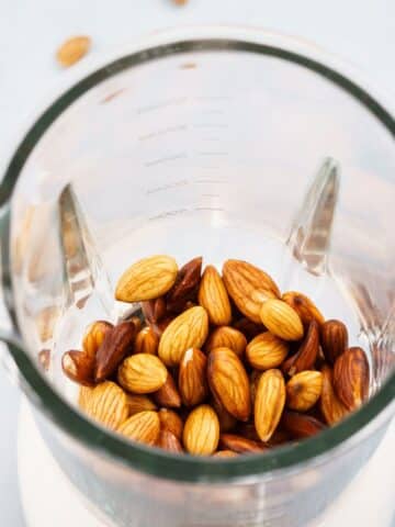 A blender is filled with soaked nuts.