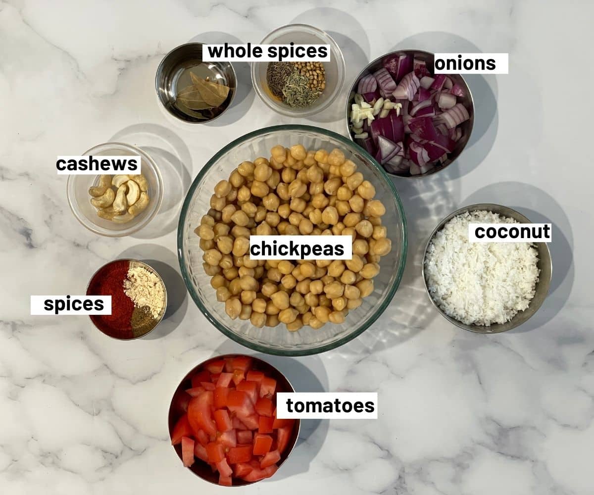Chana masala ingredients are on the table.