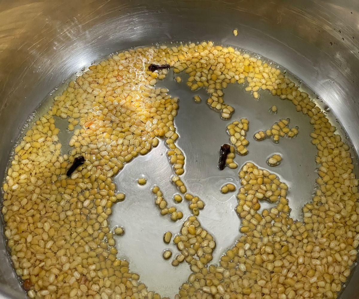 An instant pot is with moong dal and cloves.
