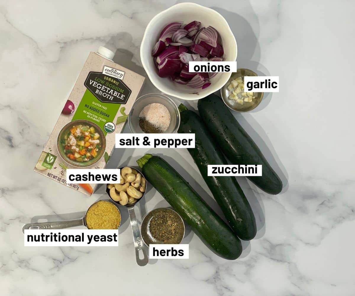 Zucchini soup ingredients are on the table.