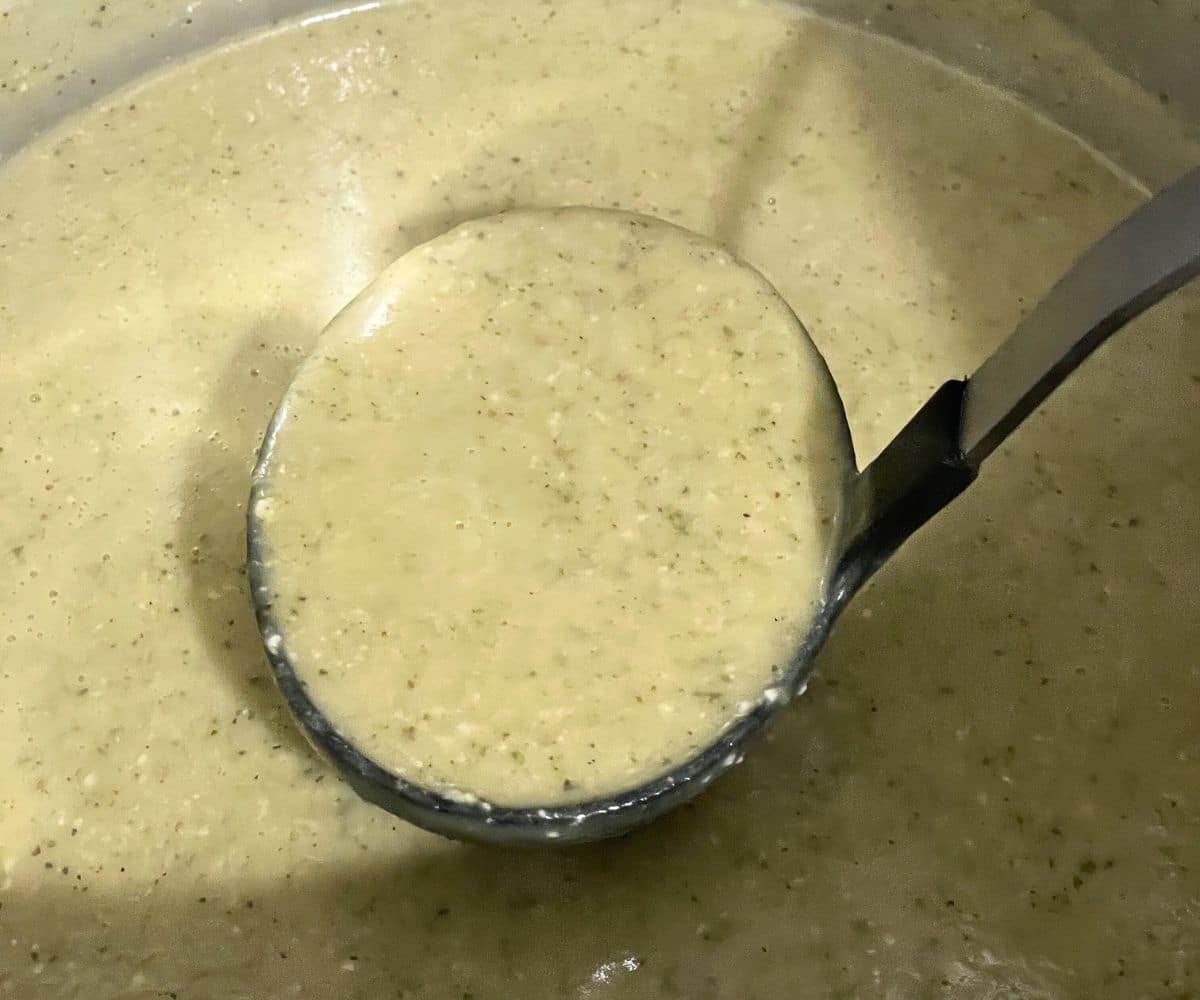 A ladle is with vegan zucchini soup.