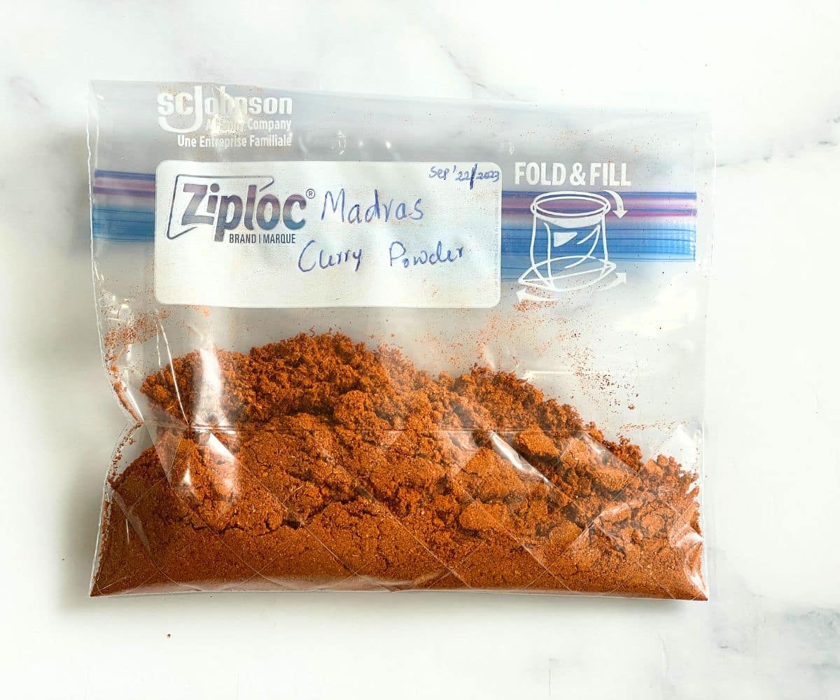 Ziploc is filled with homemade Madras curry powder.