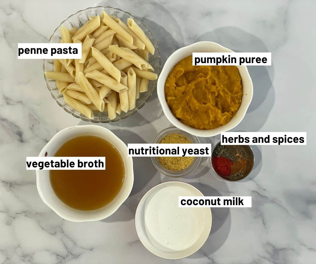 Vegan Pumpkin Pasta Sauce ingredients are on the table.