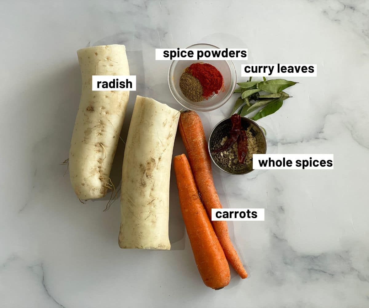 Indian Radish stir fry ingredients are on the table.