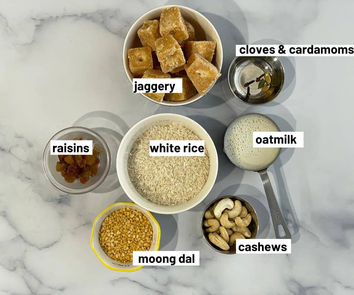 A table is covered with sweet pongal ingredients.