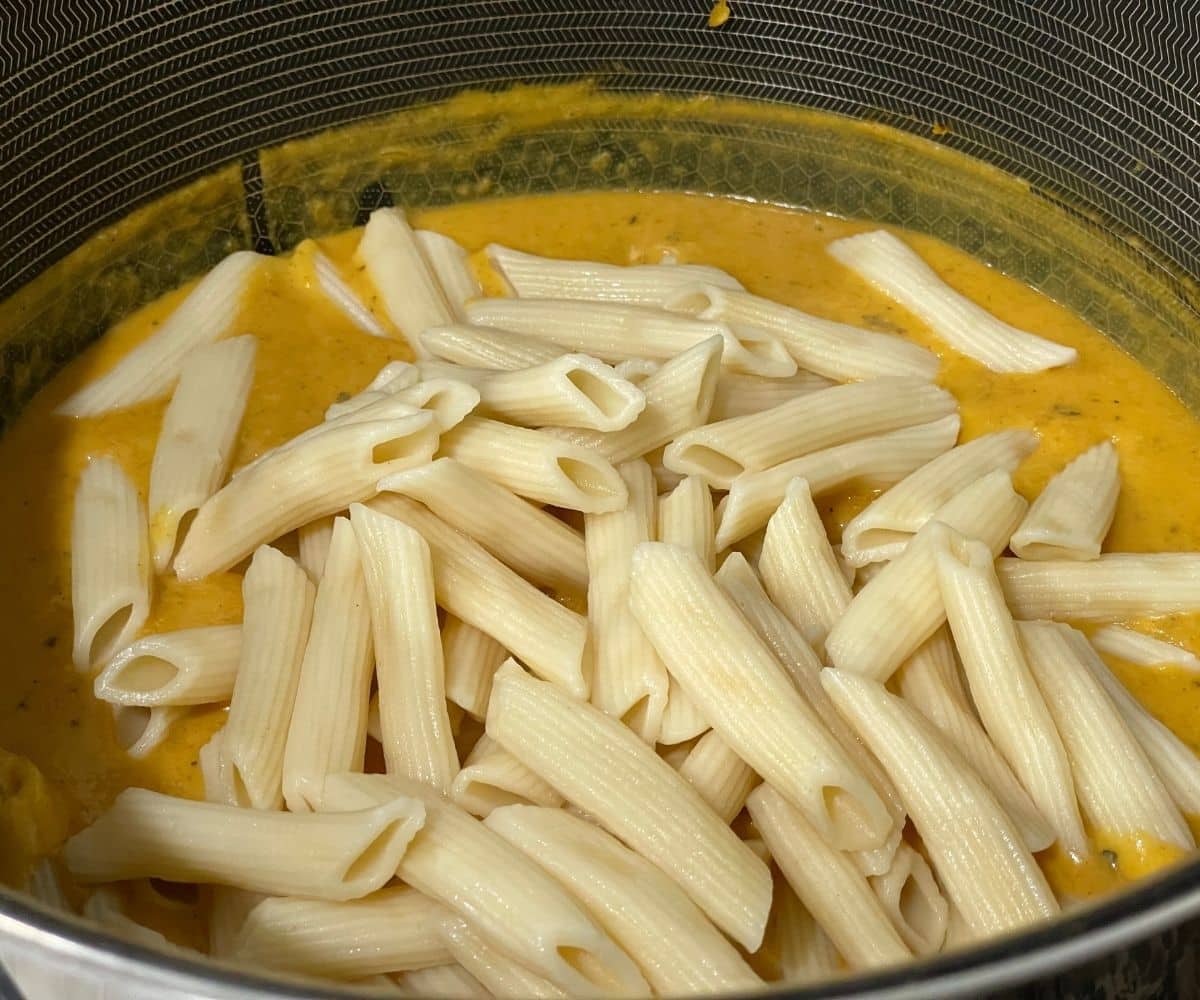 A pot is with Pumpkin sauce and pasta.