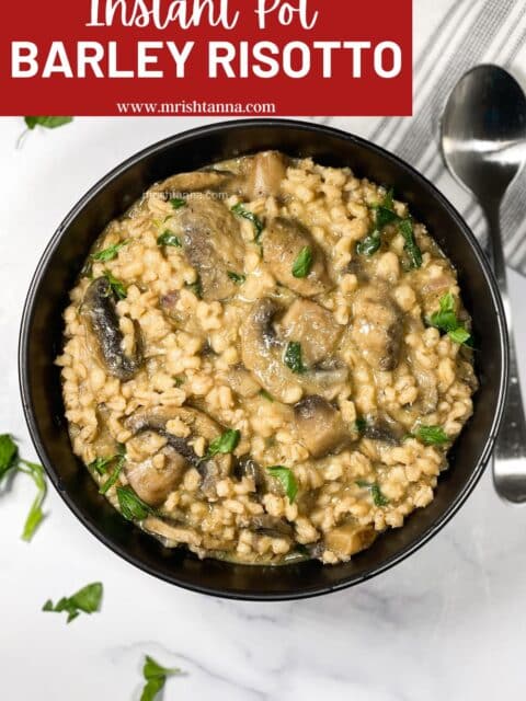 A bowl is full of vegan barley mushroom risotto.