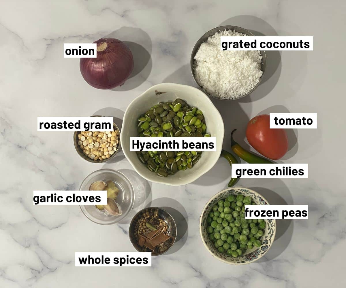 Avarekalu sagu ingredients are on the bowls.