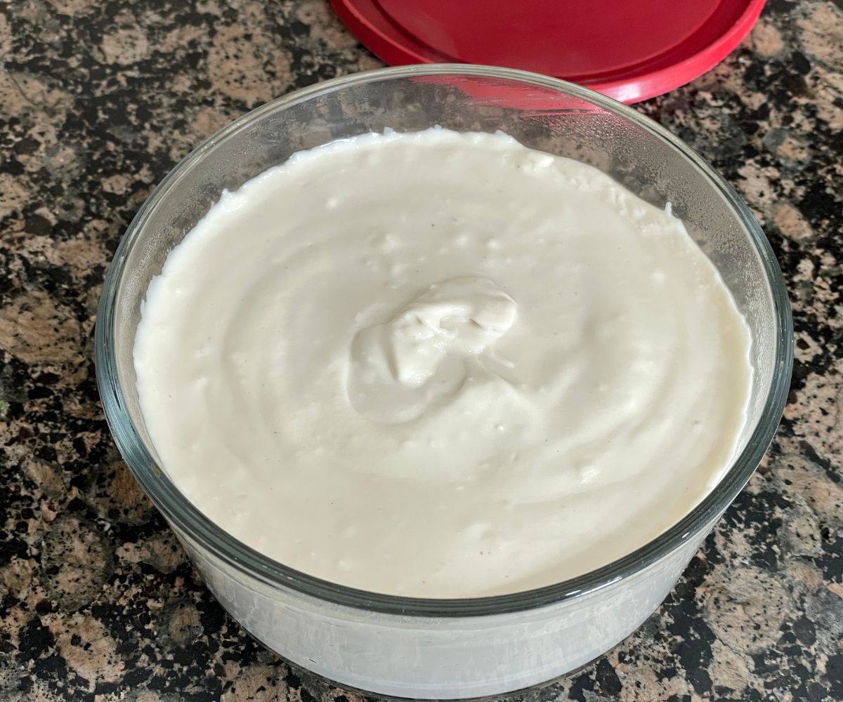 A bowl has boiled cashew milk or cream.