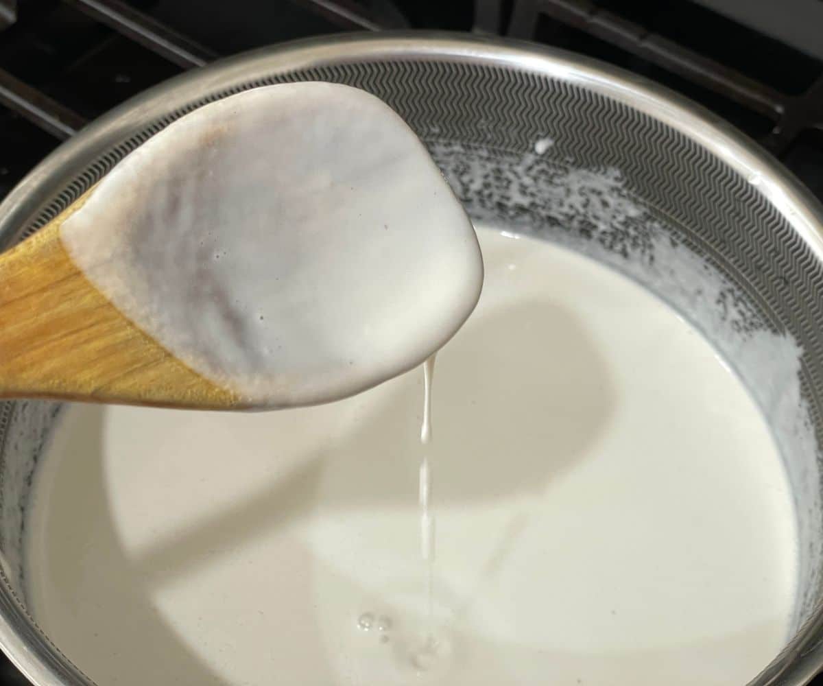 A pot is filled with blended cashew milk.