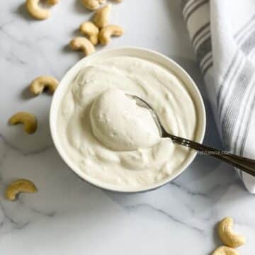 A spoonful of cashew yogurt is in the bowl.
