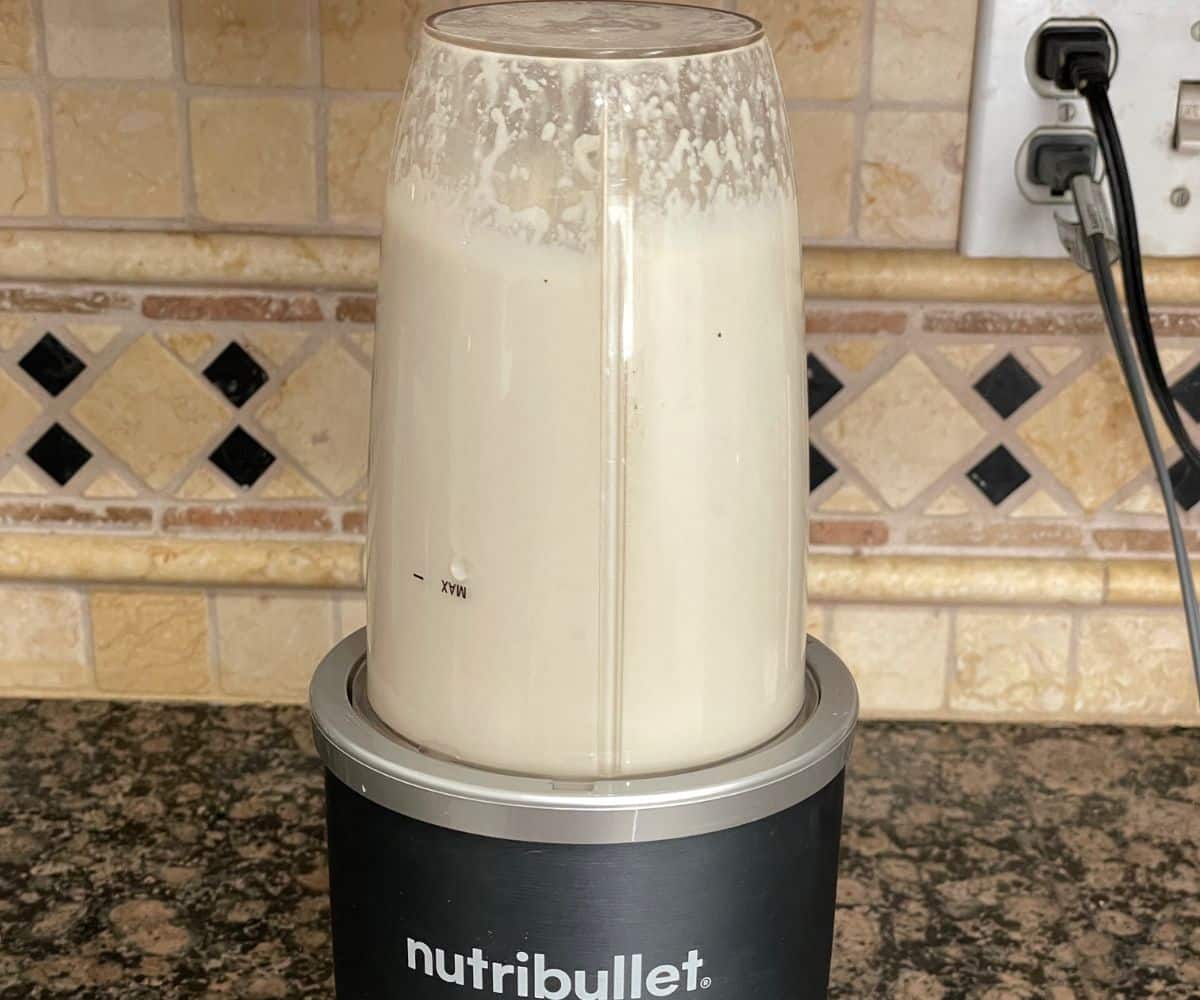 A blender is blending cashews.