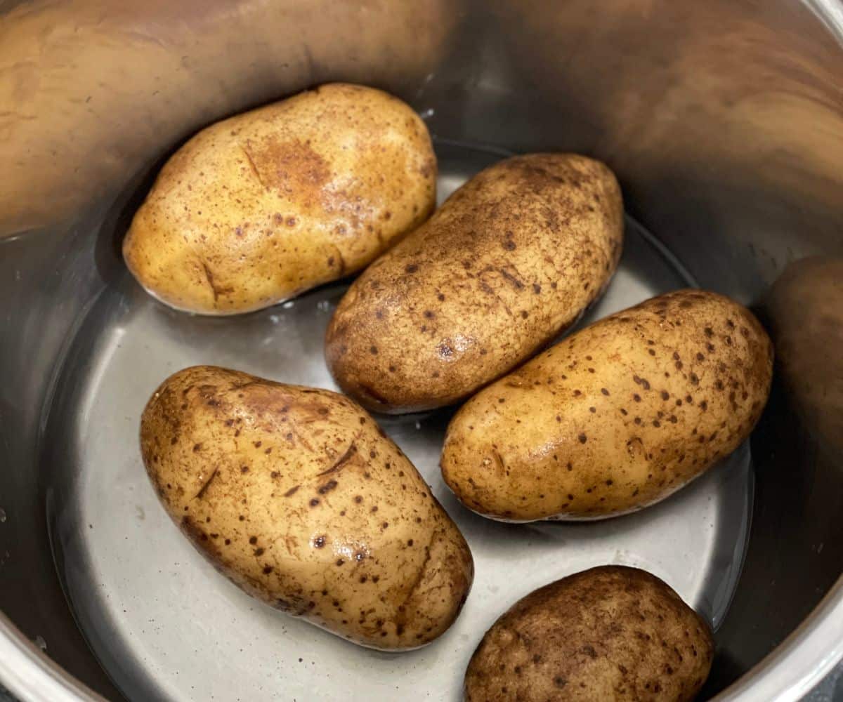 An instant pot is with russet potatoes and water.