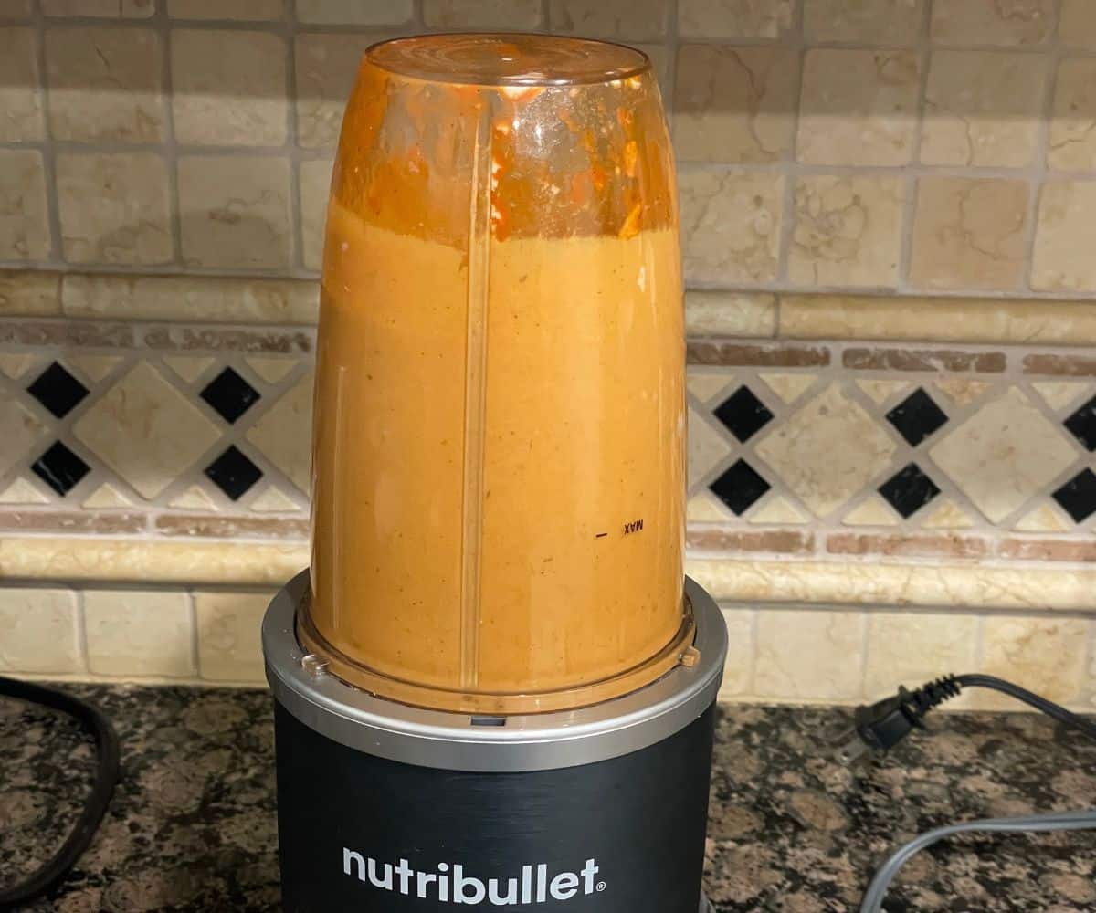 A blender has malai kofta curry sauce.