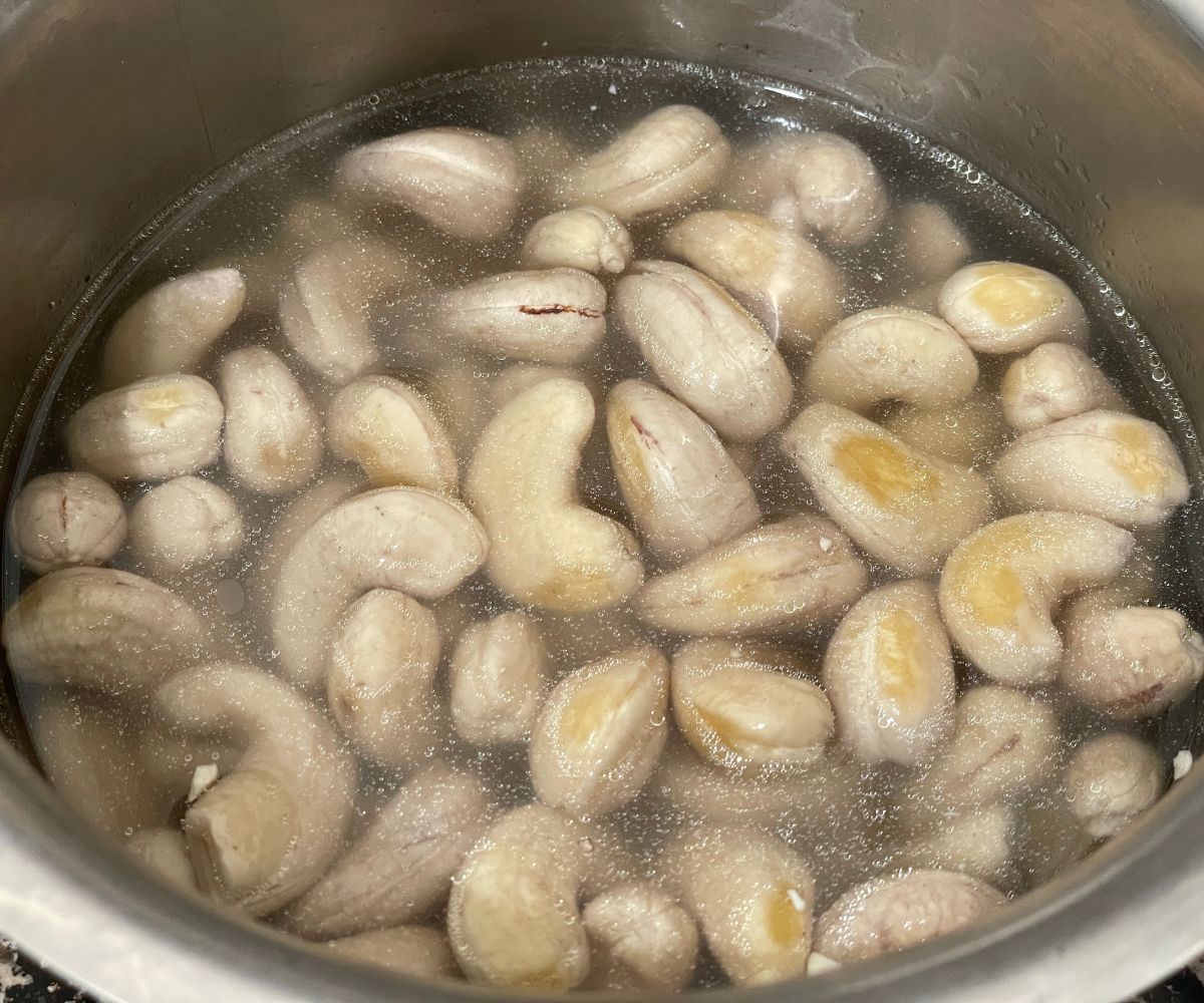 A bowl has soaked cashews.