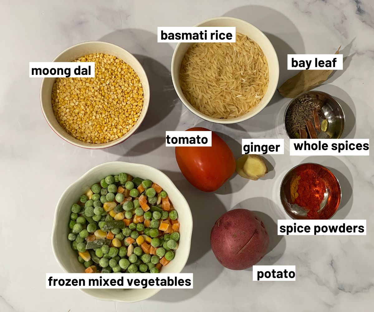 Bengali khichdi ingredients are on the table.