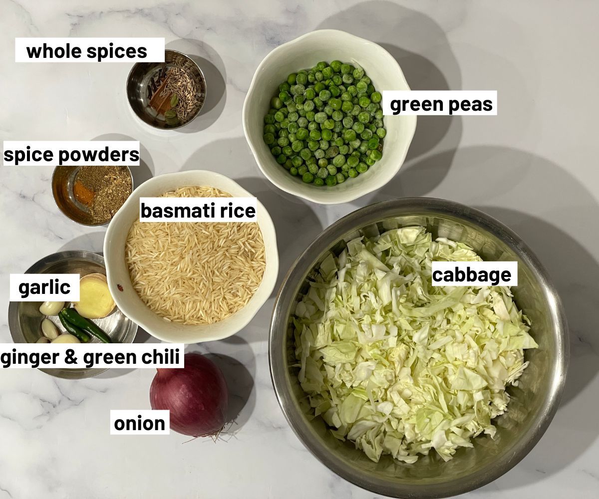 Cabbage rice ingredients are on the table.