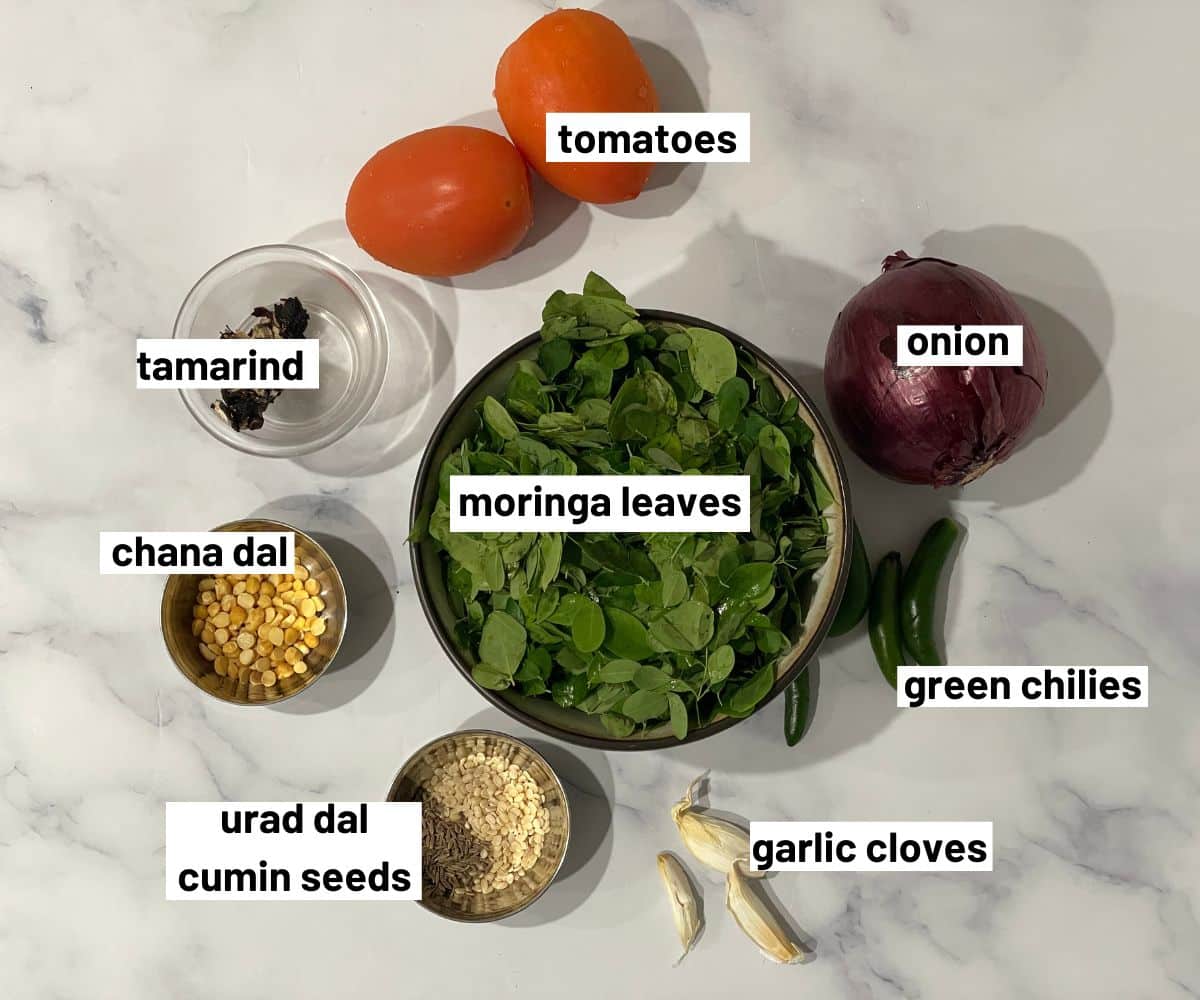 Moringa Leaves Chutney ingredients are on the table.